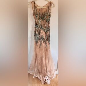Terani Elegant Nude & Multi Green Color Beaded Sleeveless Gown